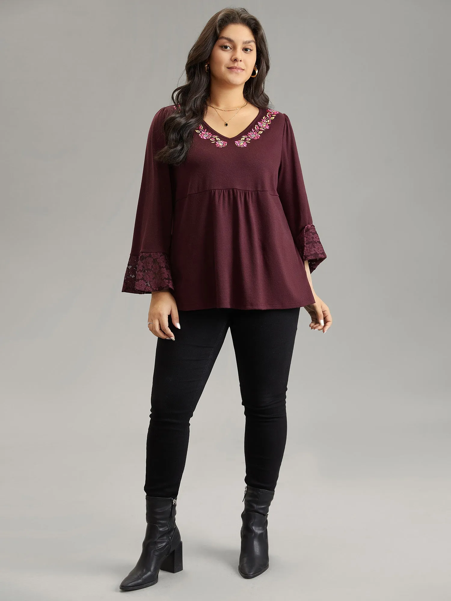 Floral Embroidered Lace Panel Bell Sleeve T-shirt sold by Bloomchic product image thumbnail 4