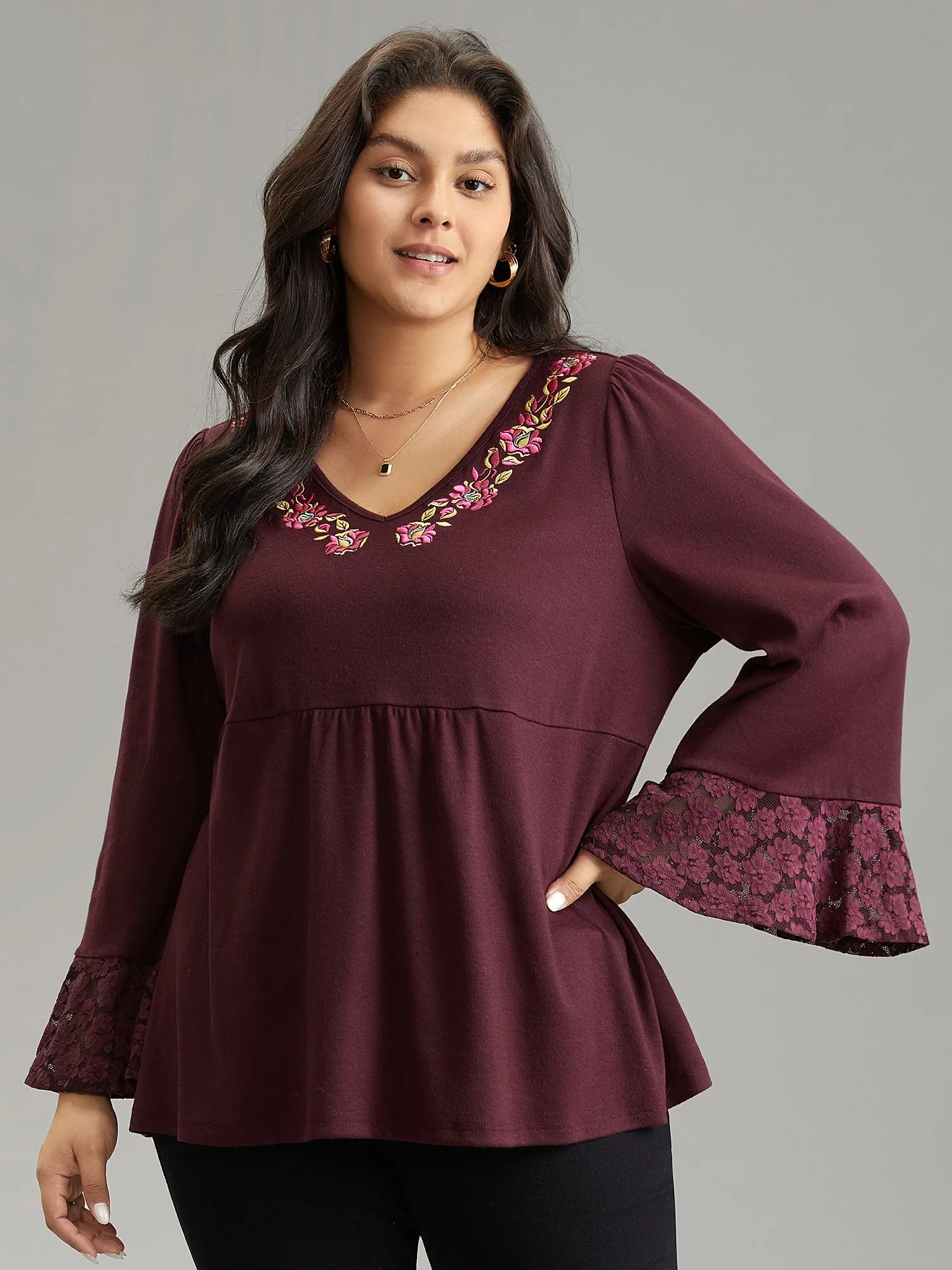 Floral Embroidered Lace Panel Bell Sleeve T-shirt sold by Bloomchic