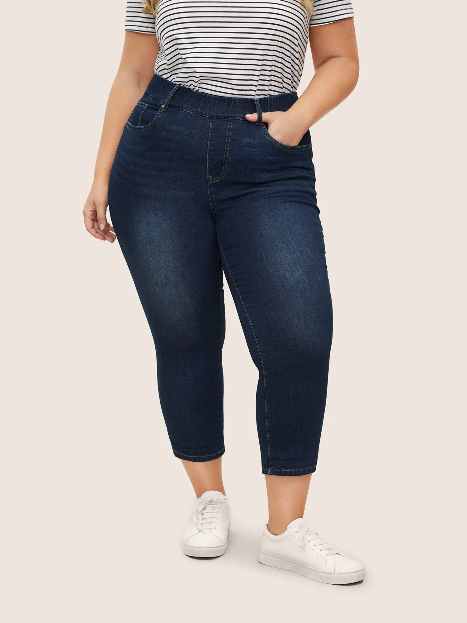 Dark Wash Elastic Waist Roll Hem Jeans sold by Bloomchic product image thumbnail 5