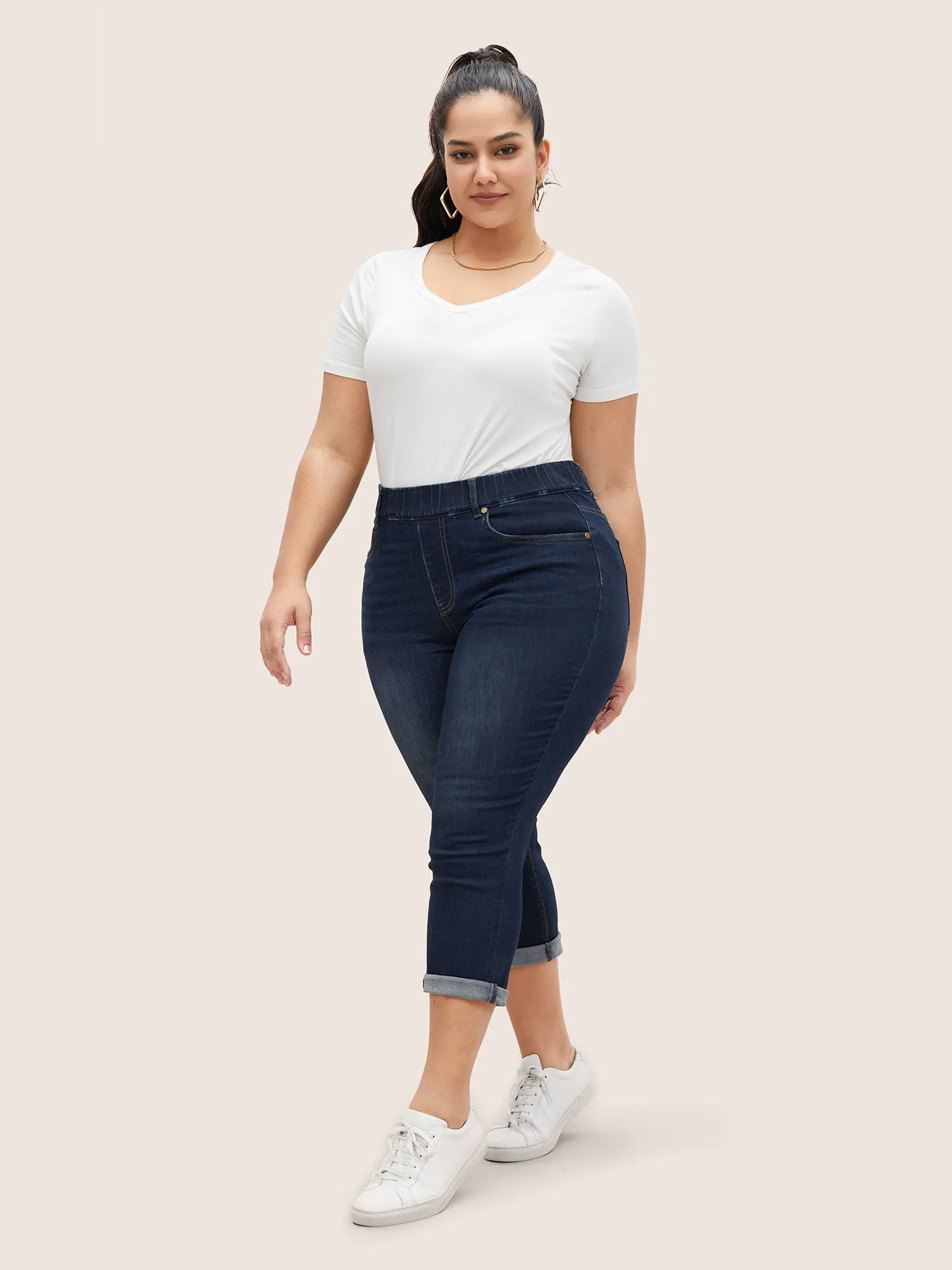 Dark Wash Elastic Waist Roll Hem Jeans sold by Bloomchic product image thumbnail 2