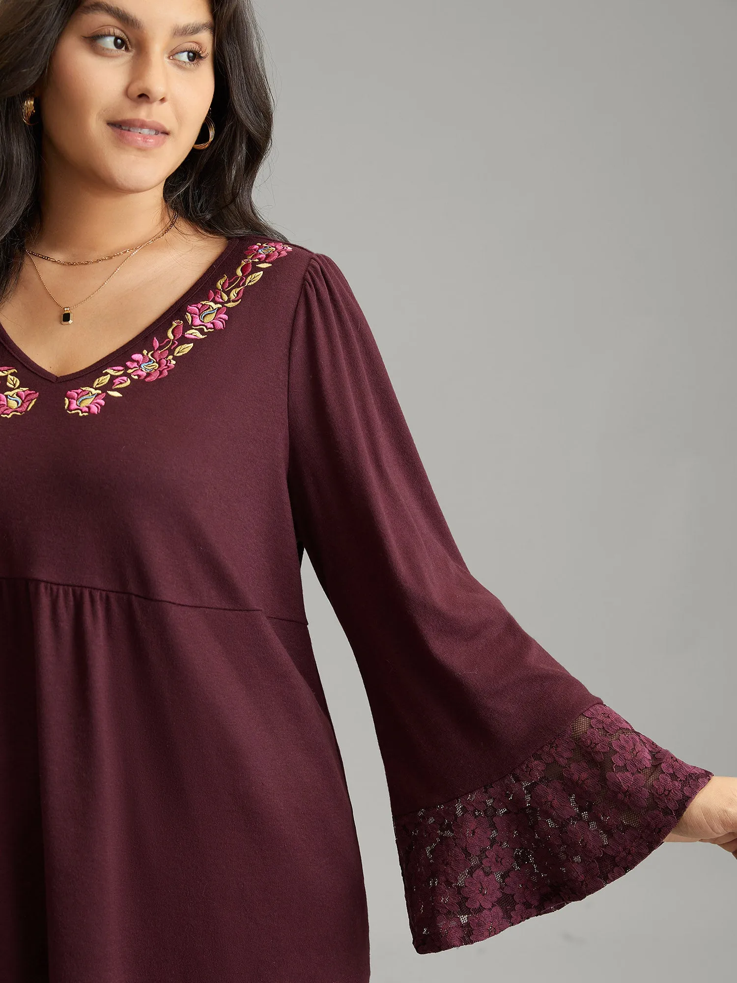 Floral Embroidered Lace Panel Bell Sleeve T-shirt sold by Bloomchic product image thumbnail 2