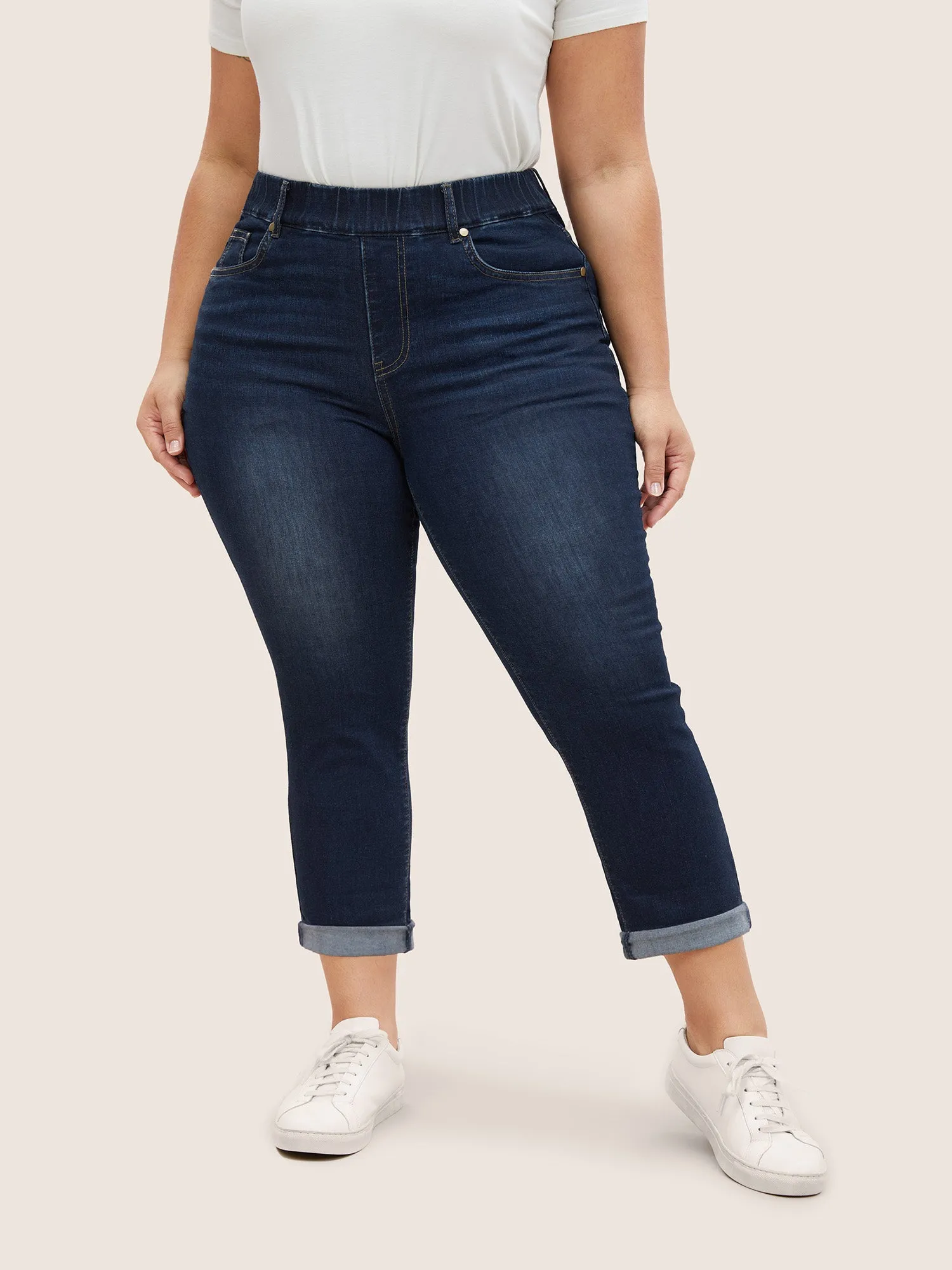 Dark Wash Elastic Waist Roll Hem Jeans sold by Bloomchic product image thumbnail 4