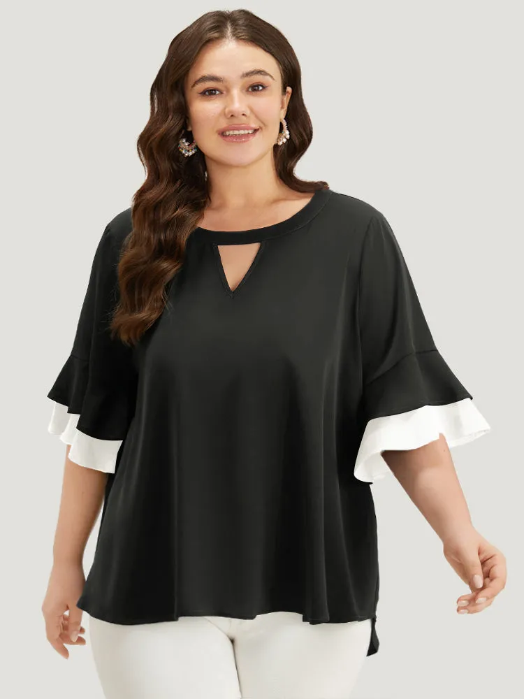 Anti-Wrinkle Plain Keyhole Ruffle Layered Sleeve Blouse sold by Bloomchic