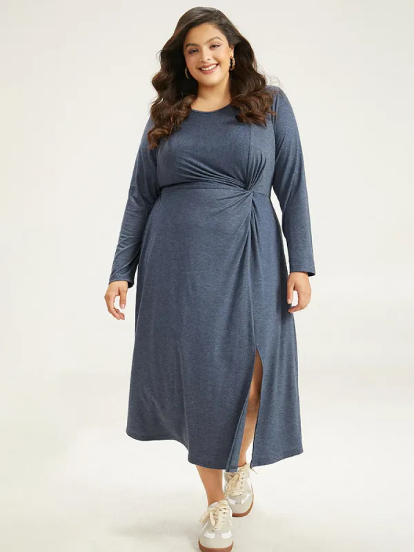 Plain Crew Neck Twist Front Split Hem Dress sold by Bloomchic