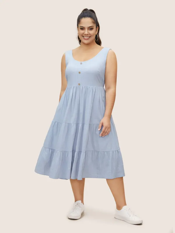 Plain Button Detail Ruffle Layered Hem Dress sold by Bloomchic