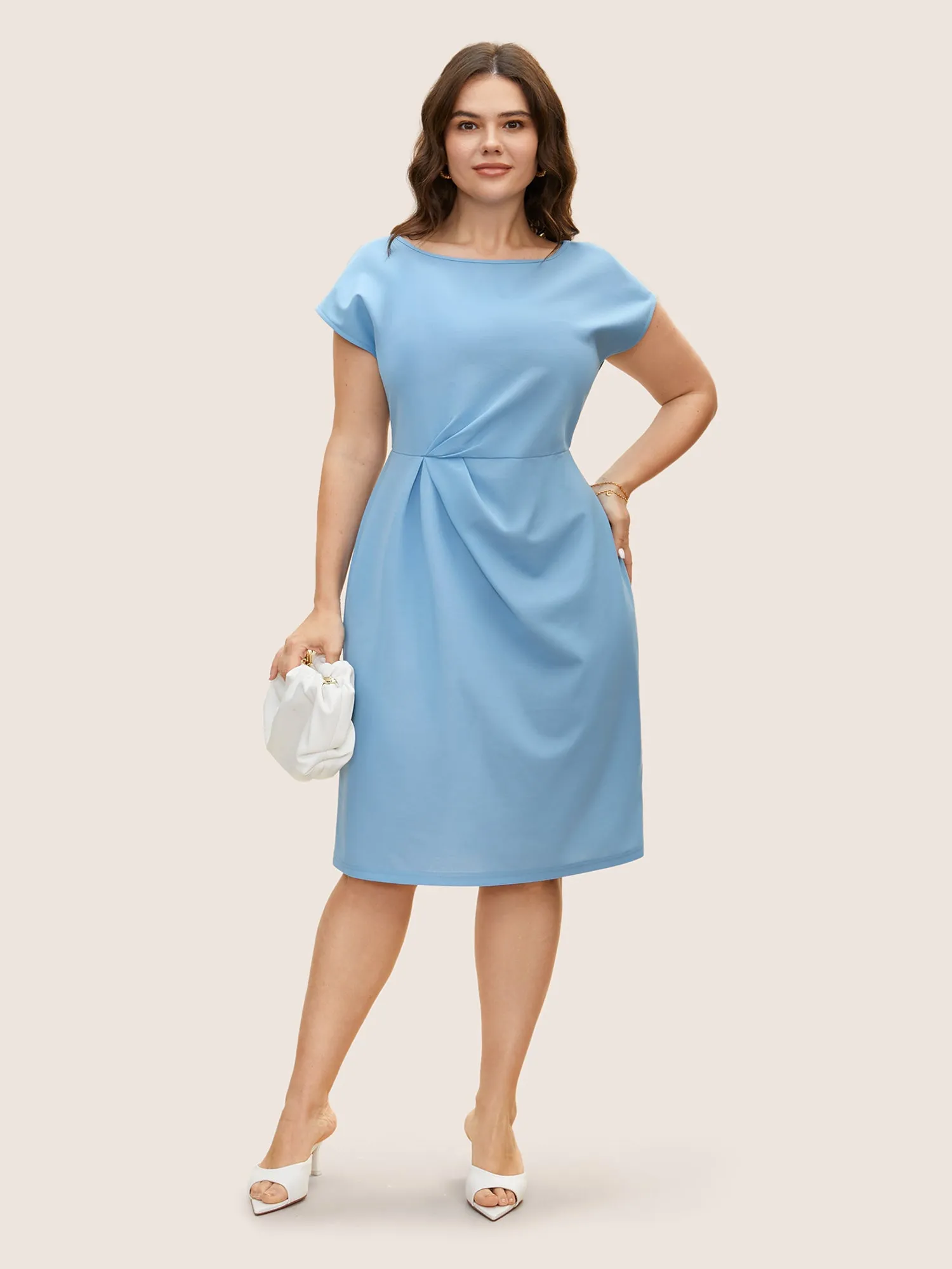 Boat Neck Solid Plicated Detail Dolman Sleeve Dress sold by Bloomchic product image thumbnail 2