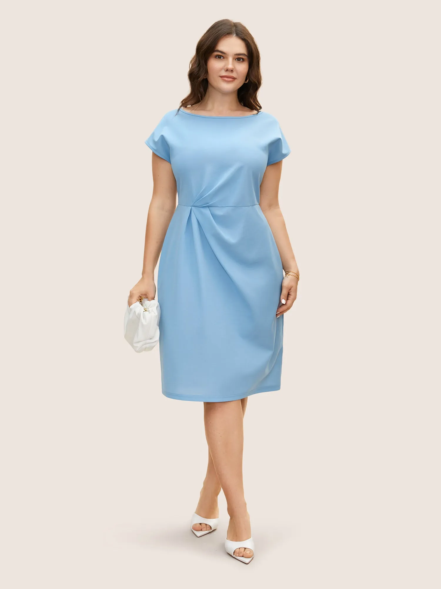 Boat Neck Solid Plicated Detail Dolman Sleeve Dress sold by Bloomchic