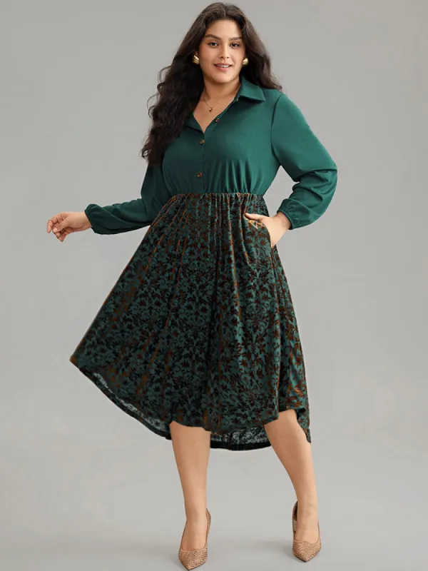 Silhouette Floral Print Velvet Shirt Collar Arc Hem Dress sold by Bloomchic