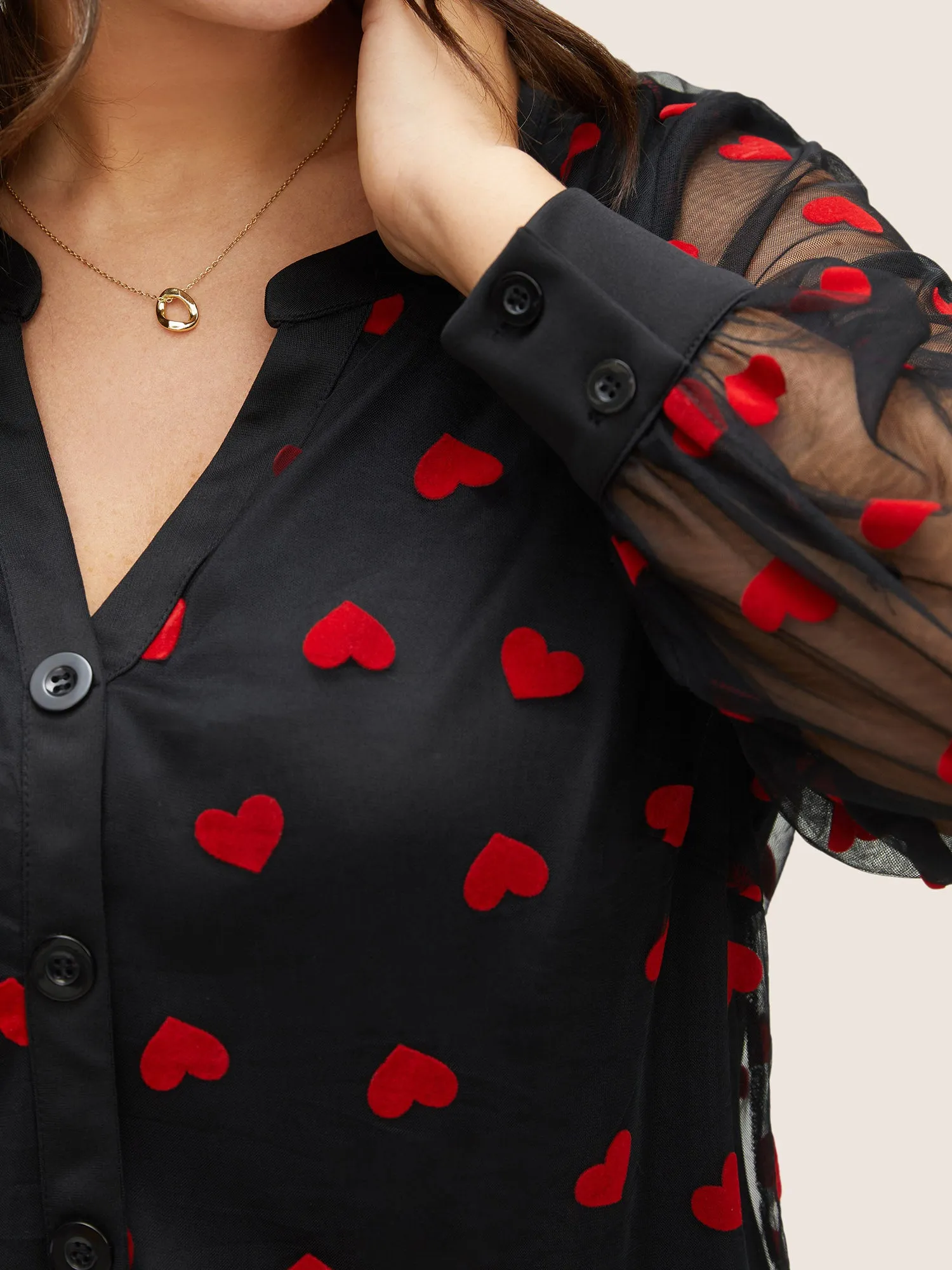 Heart Mesh Patchwork V Neck Blouse sold by Bloomchic product image thumbnail 5