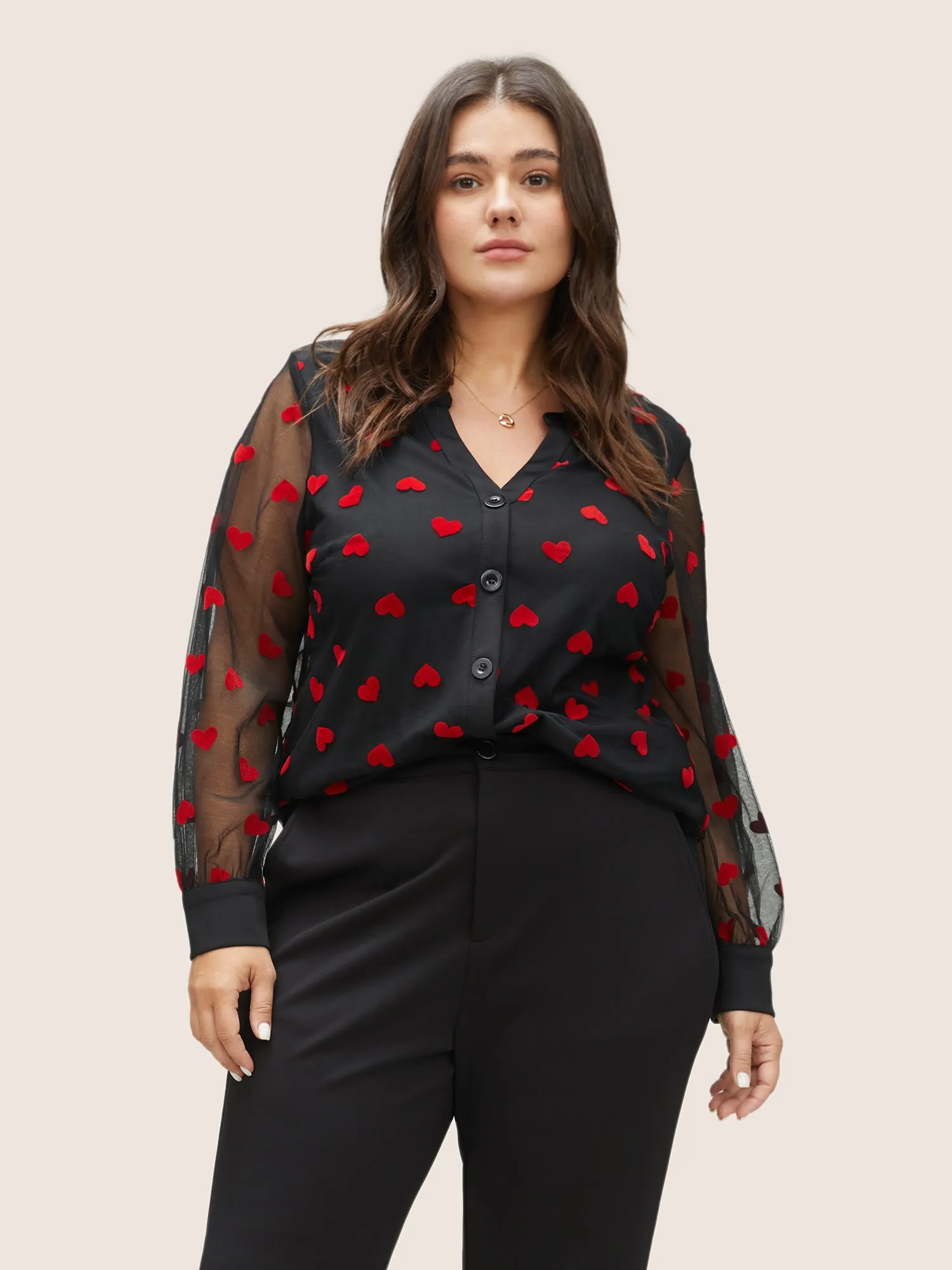 Heart Mesh Patchwork V Neck Blouse sold by Bloomchic product image thumbnail 3