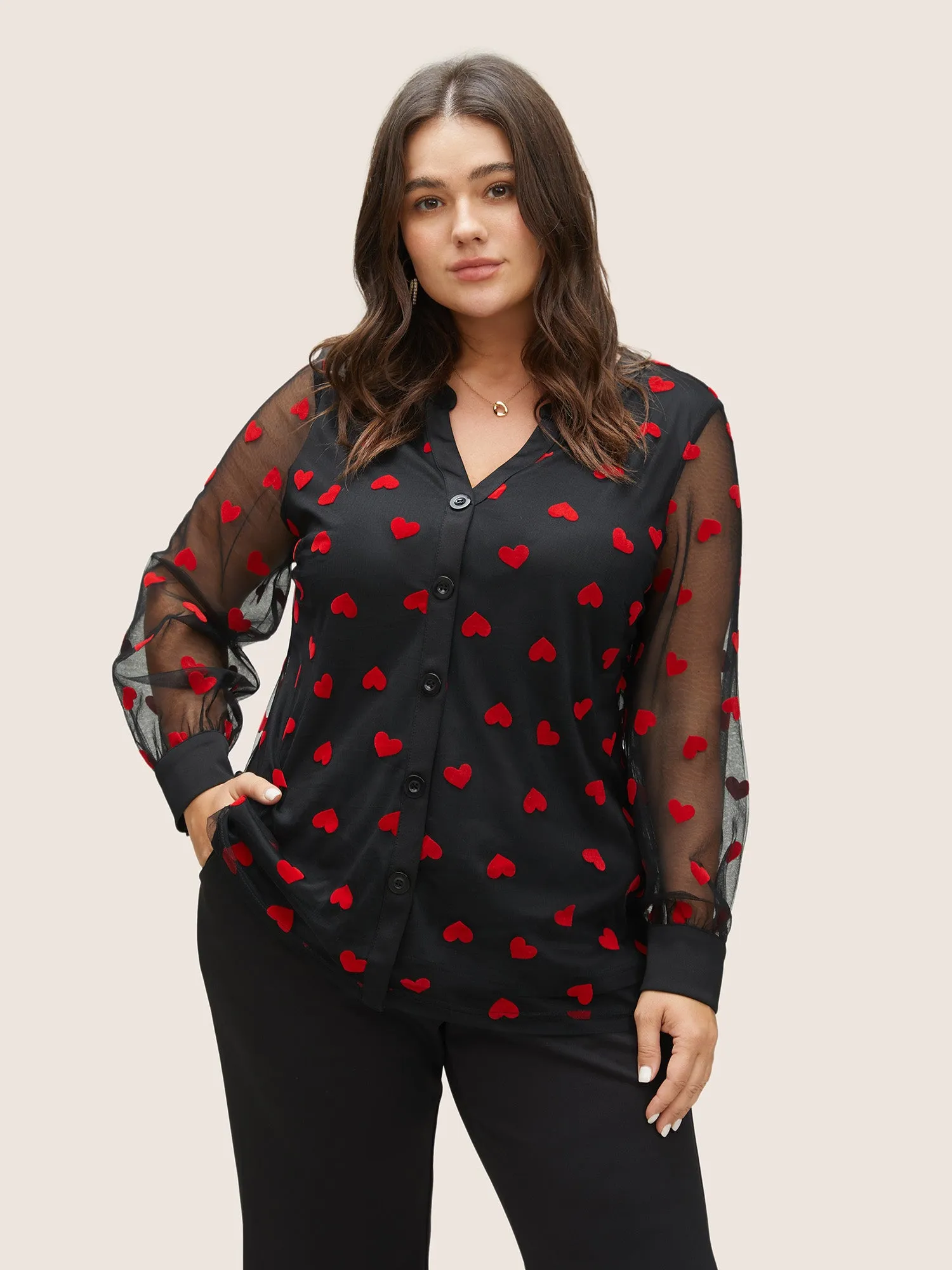 Heart Mesh Patchwork V Neck Blouse sold by Bloomchic