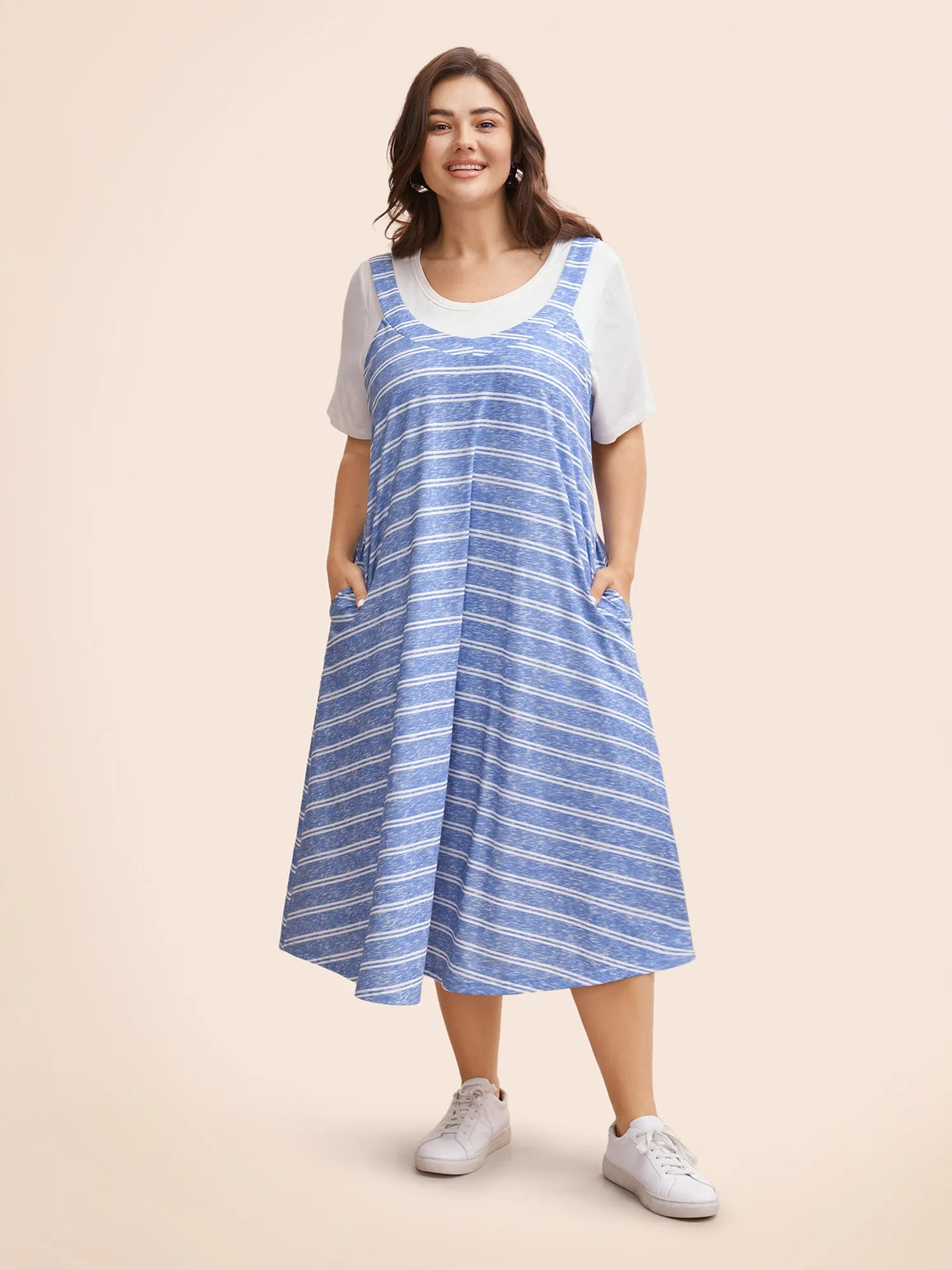 U Neck Striped Adjustable Straps Dress sold by Bloomchic