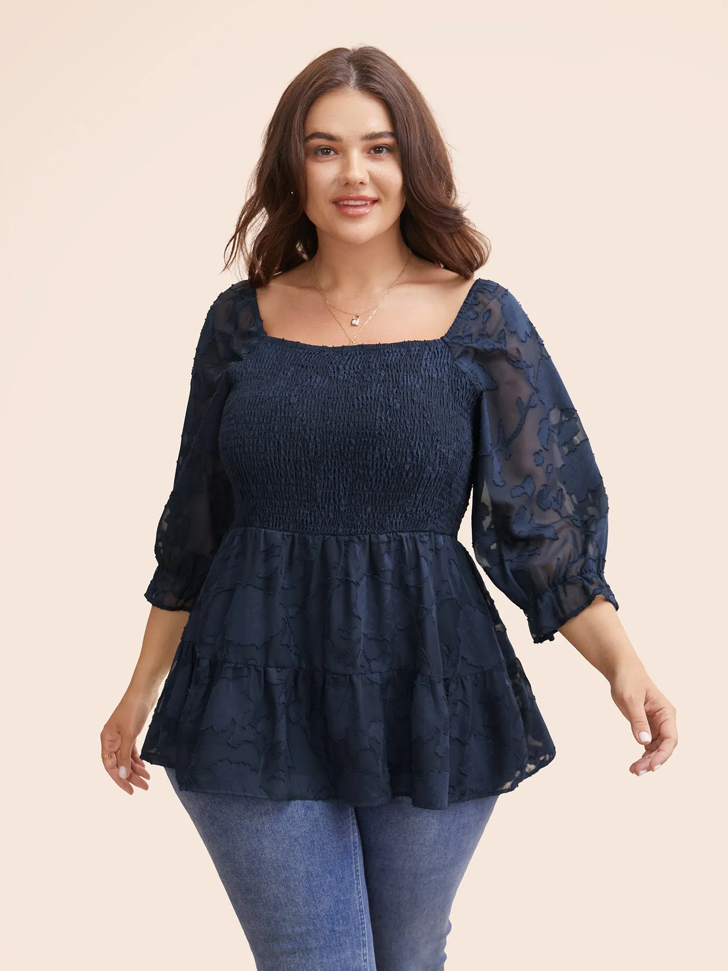 Jacquard Mesh Shirred Lantern Sleeve Blouse sold by Bloomchic product image thumbnail 2