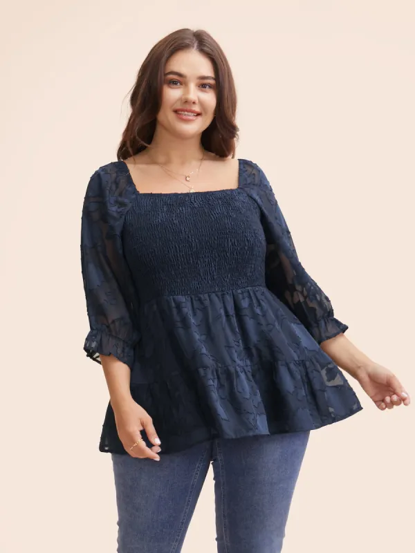 Jacquard Mesh Shirred Lantern Sleeve Blouse sold by Bloomchic