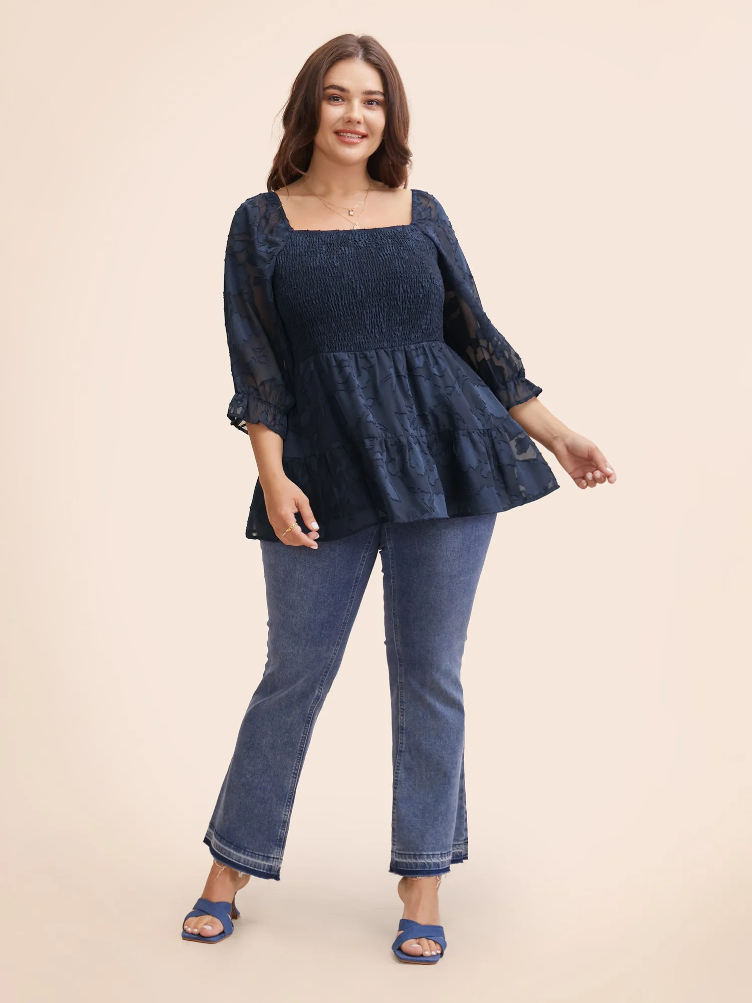 Jacquard Mesh Shirred Lantern Sleeve Blouse sold by Bloomchic product image thumbnail 3