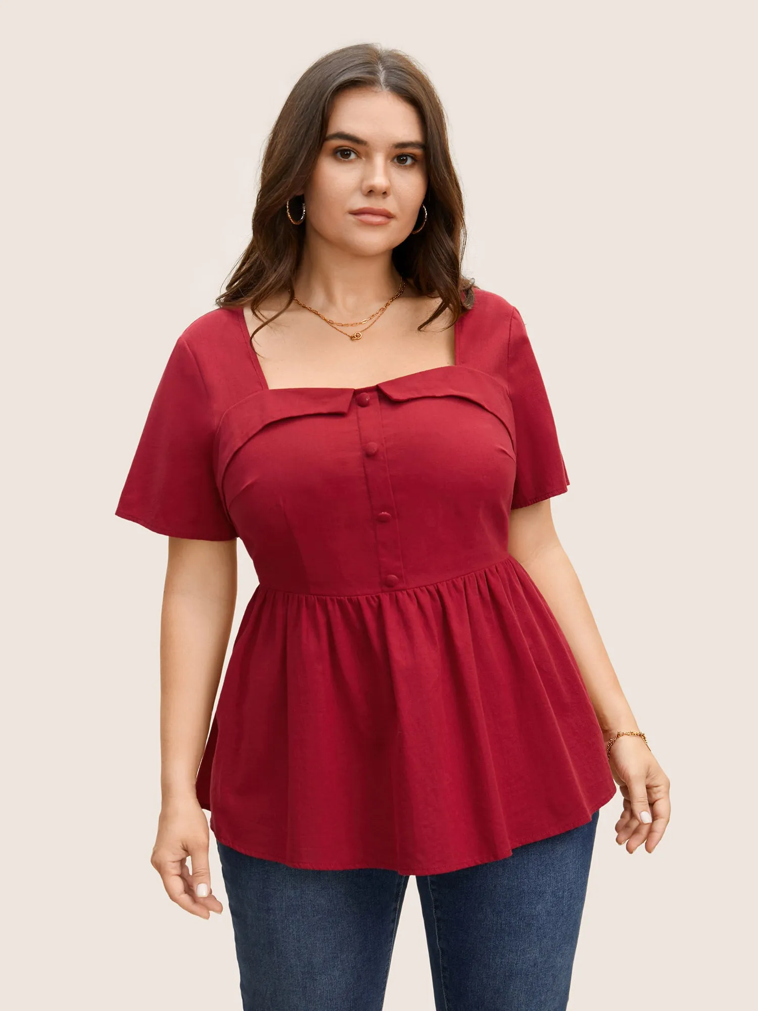 Square Neck Button Detail Shirred Blouse sold by Bloomchic product image thumbnail 2