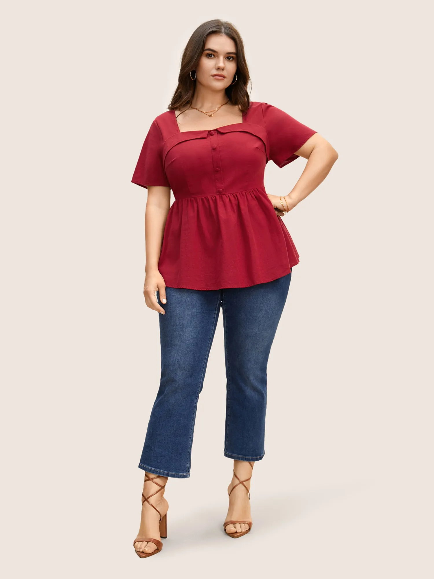 Square Neck Button Detail Shirred Blouse sold by Bloomchic product image thumbnail 3