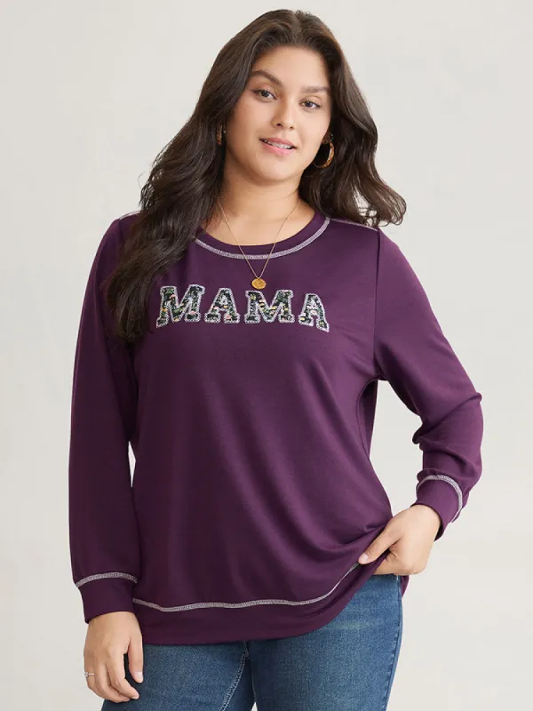 Mom Embroidered Contrast Round Neck Sweatshirt sold by Bloomchic