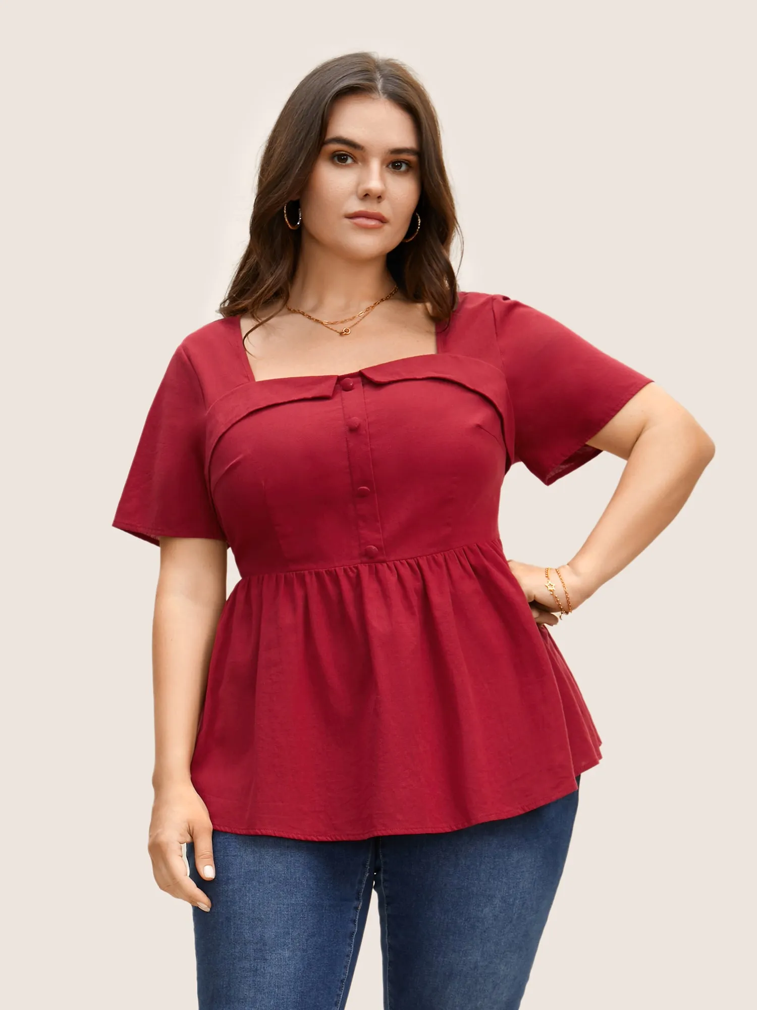 Square Neck Button Detail Shirred Blouse sold by Bloomchic