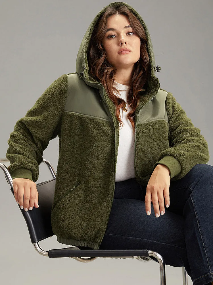 Patchwork Zipper Rib Knit Hooded Teddy Jacket sold by Bloomchic product image thumbnail 2