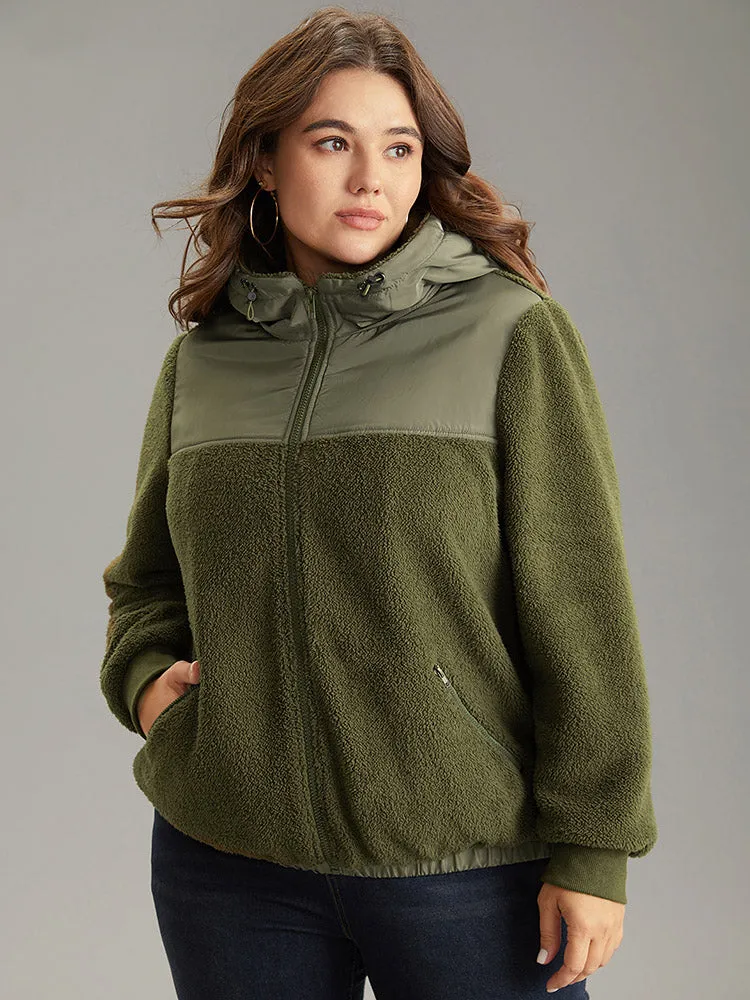 Patchwork Zipper Rib Knit Hooded Teddy Jacket sold by Bloomchic