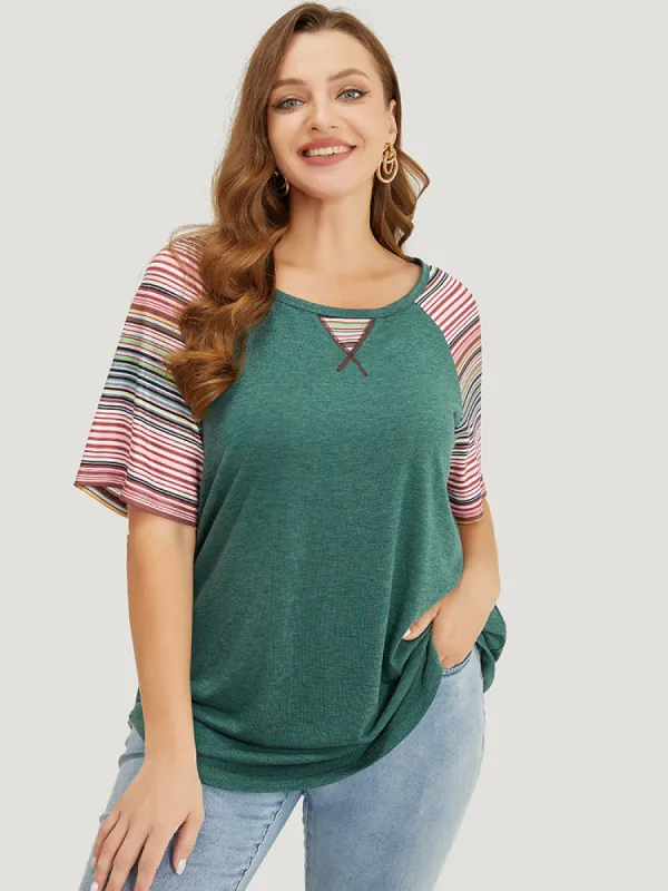 Supersoft Essentials Striped Contrast Raglan Sleeve Curved Hem T-shirt sold by Bloomchic