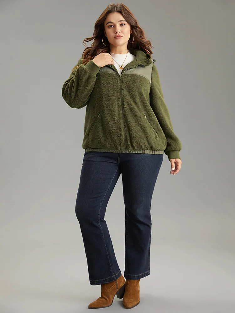 Patchwork Zipper Rib Knit Hooded Teddy Jacket sold by Bloomchic product image thumbnail 5