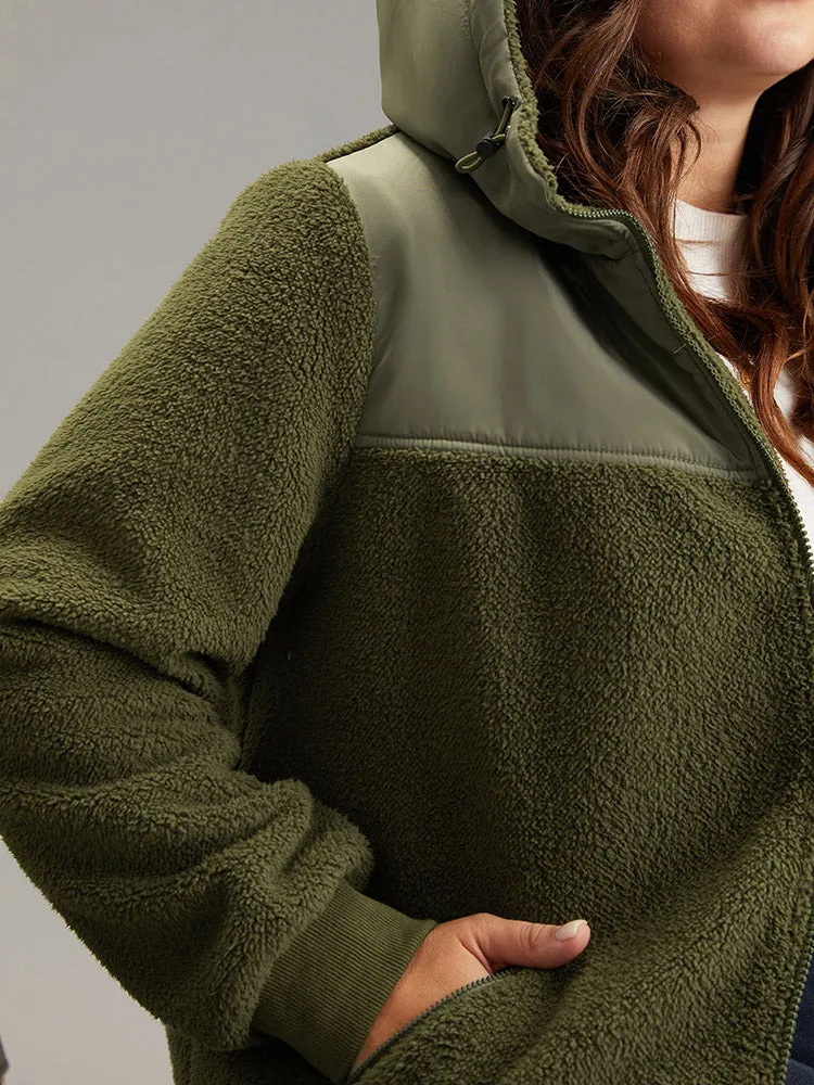 Patchwork Zipper Rib Knit Hooded Teddy Jacket sold by Bloomchic product image thumbnail 3