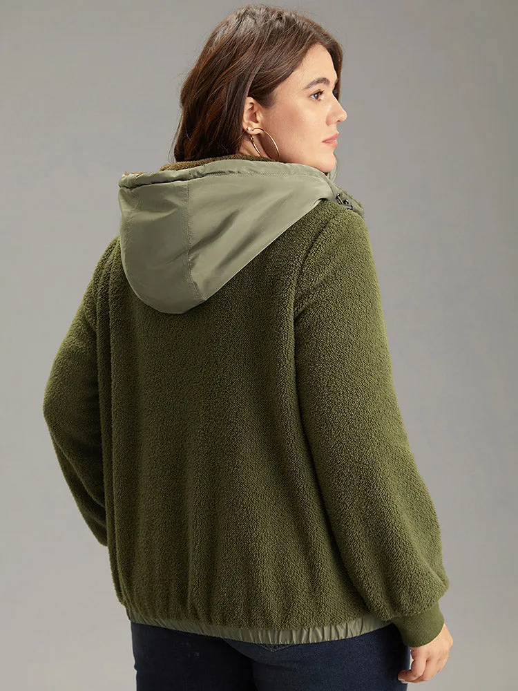 Patchwork Zipper Rib Knit Hooded Teddy Jacket sold by Bloomchic product image thumbnail 4