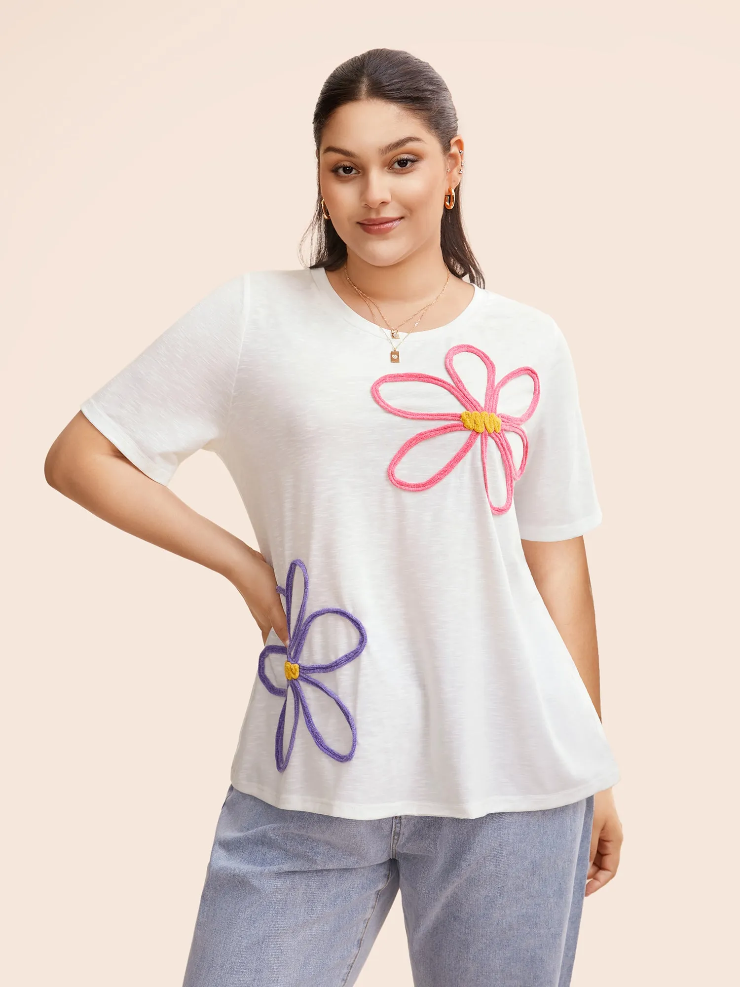 Bamboo Textured Floral Embroided T-shirt sold by Bloomchic