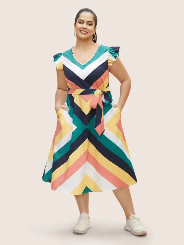 Contrast Striped Ruffle Cap Sleeve Dress made by Bloomchic