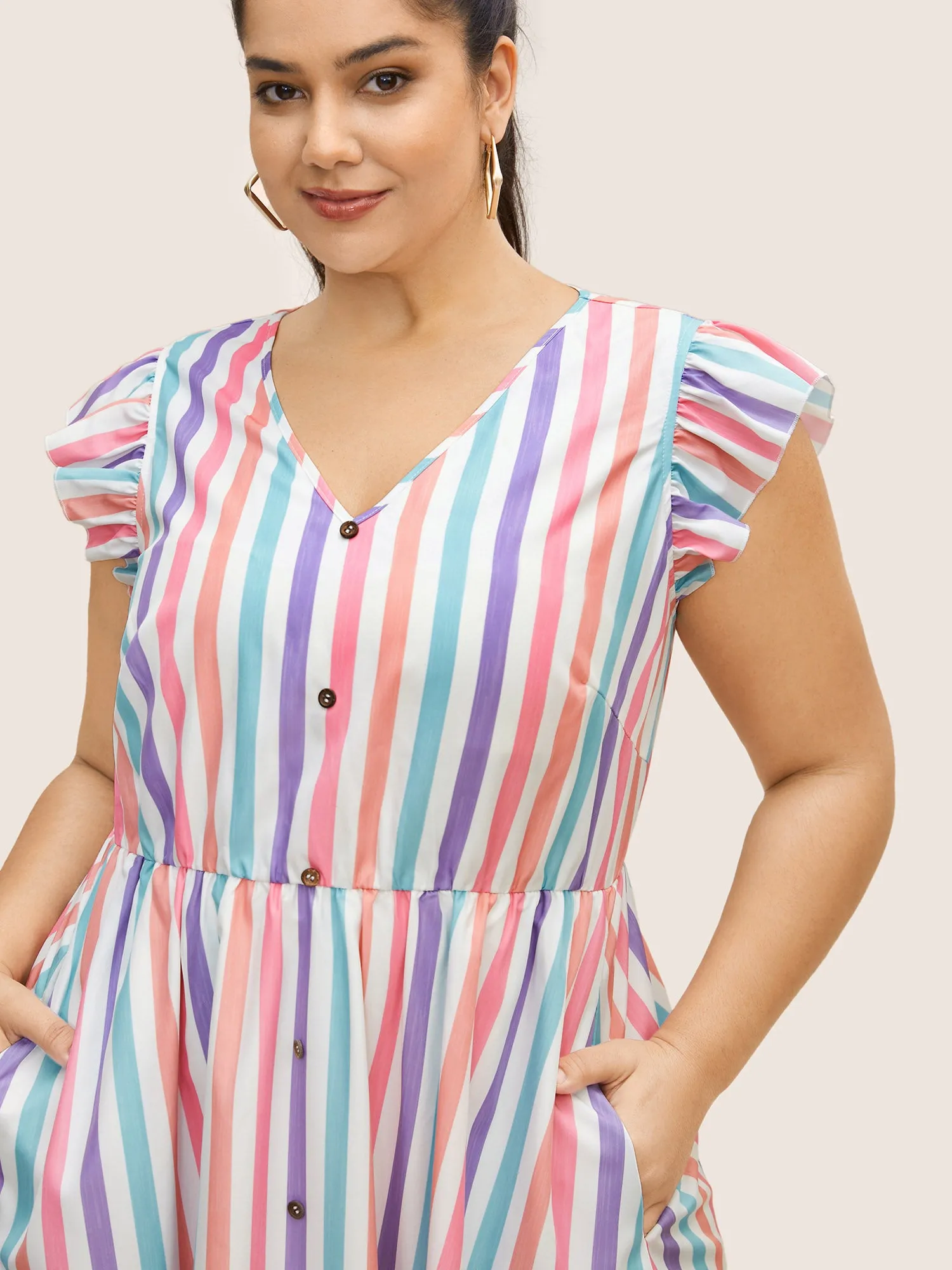 Striped Ruffle Cap Sleeve Button Detail Dress sold by Bloomchic product image thumbnail 4