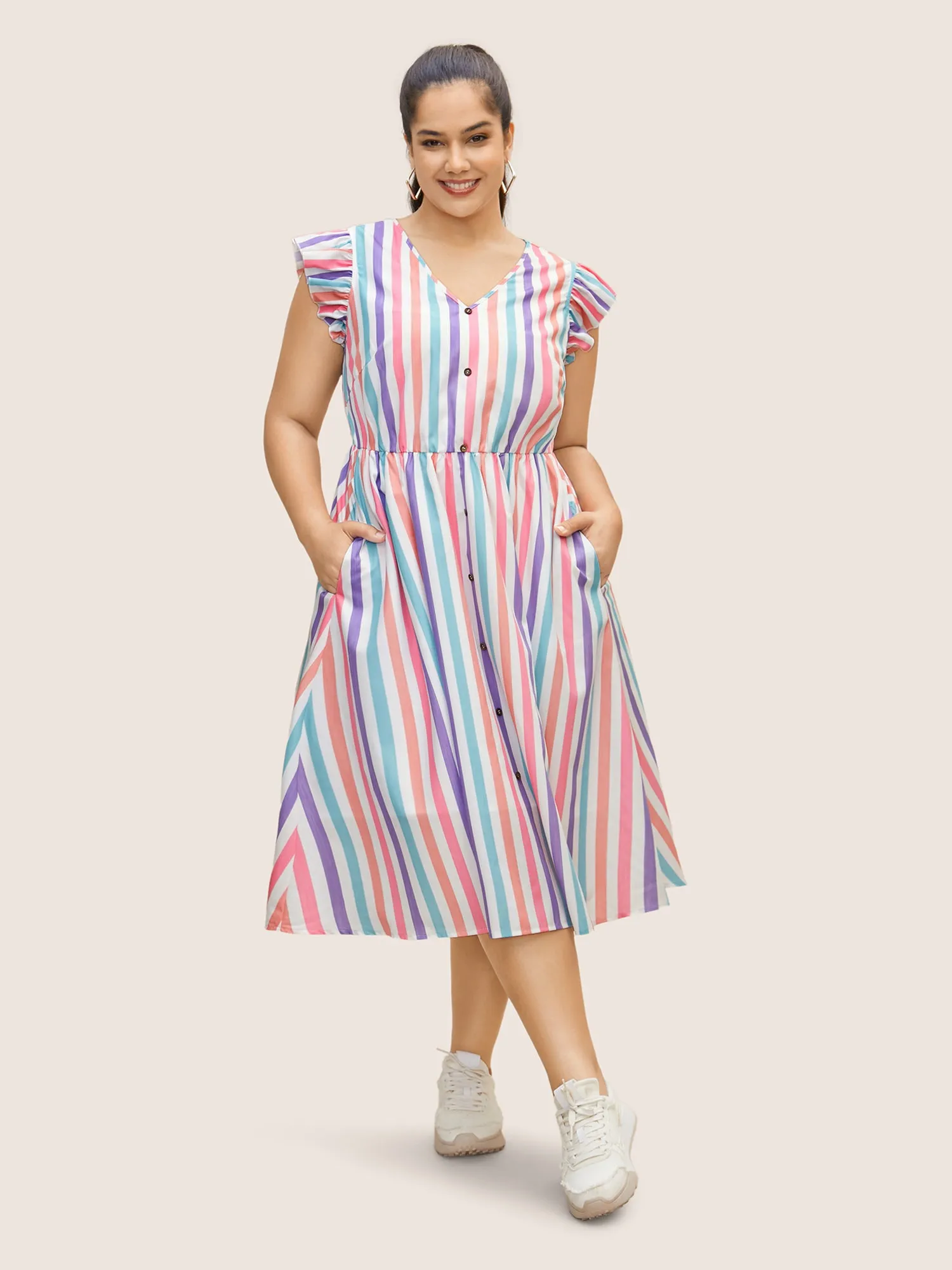 Striped Ruffle Cap Sleeve Button Detail Dress sold by Bloomchic