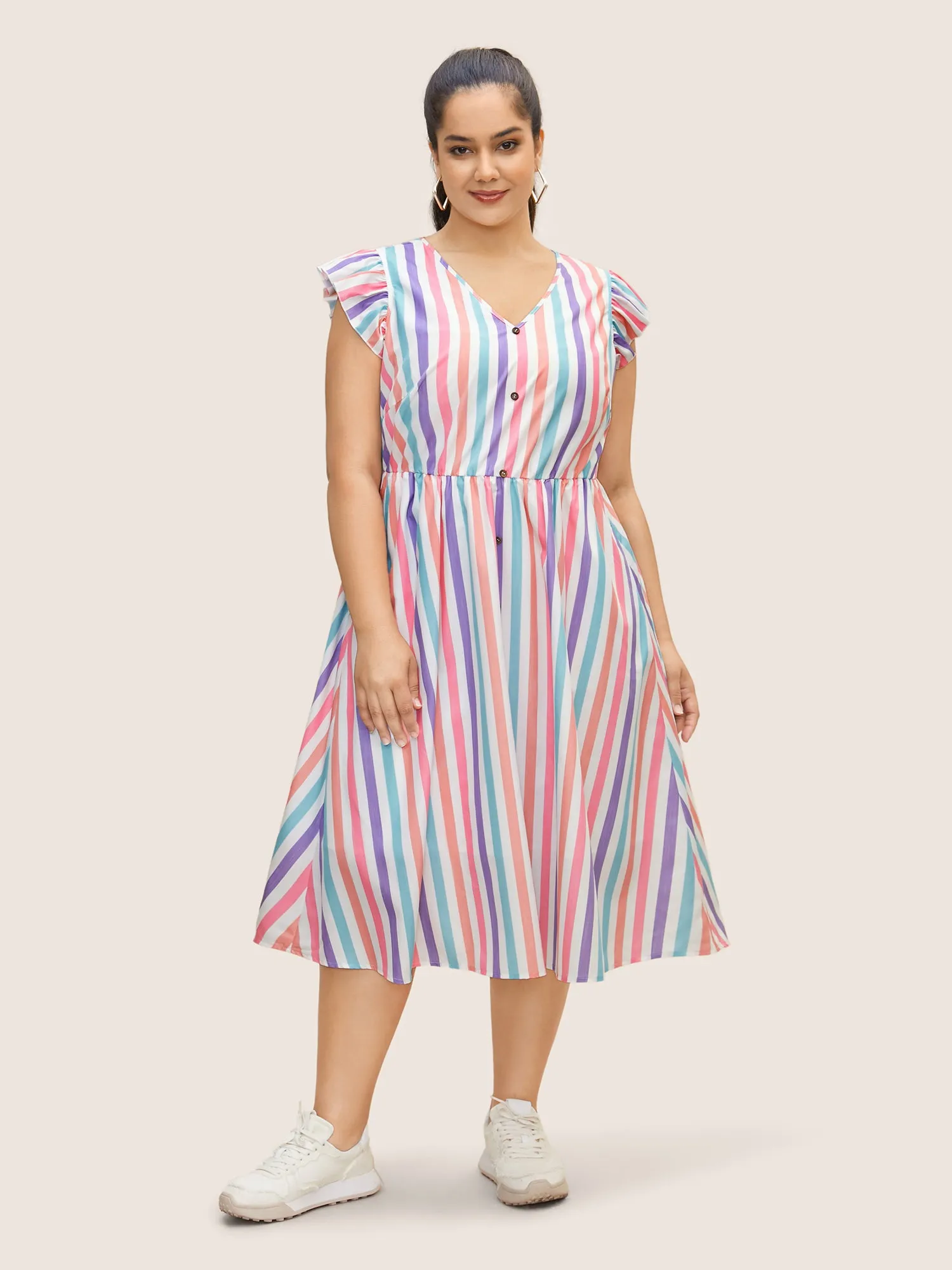 Striped Ruffle Cap Sleeve Button Detail Dress sold by Bloomchic product image thumbnail 2