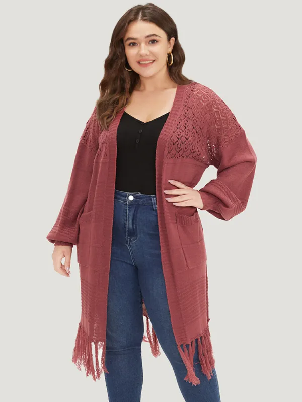 Plain Fringe Trim Patched Pocket Cardigan sold by Bloomchic