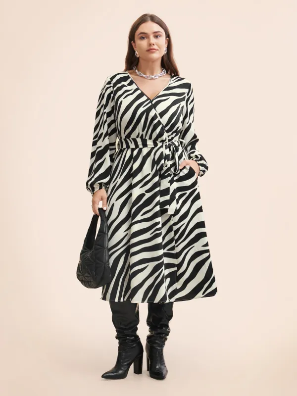 Zebra Print Overlap Collar Split Hem Dress sold by Bloomchic