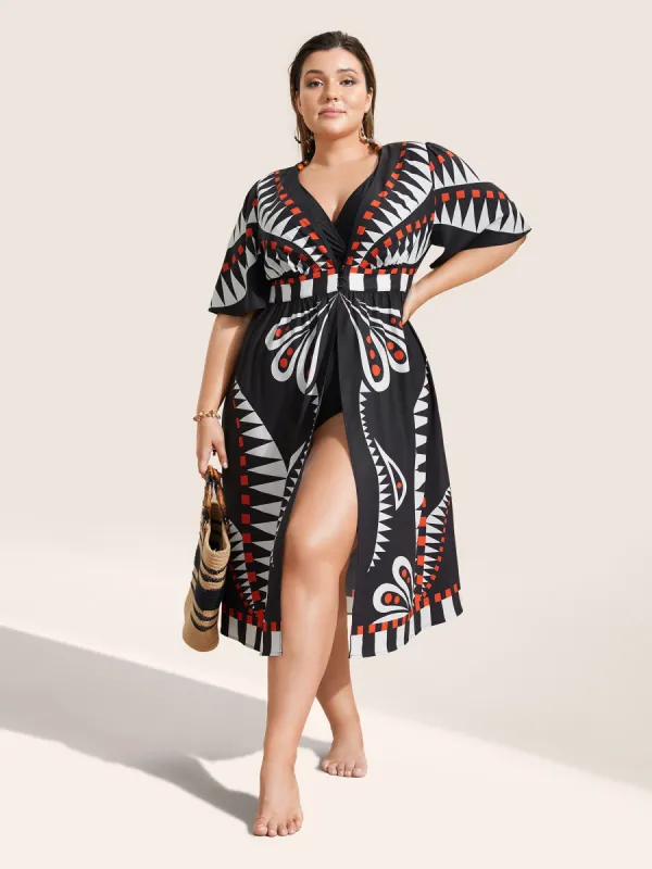 Geometric Button Up Gathered Kimono sold by Bloomchic