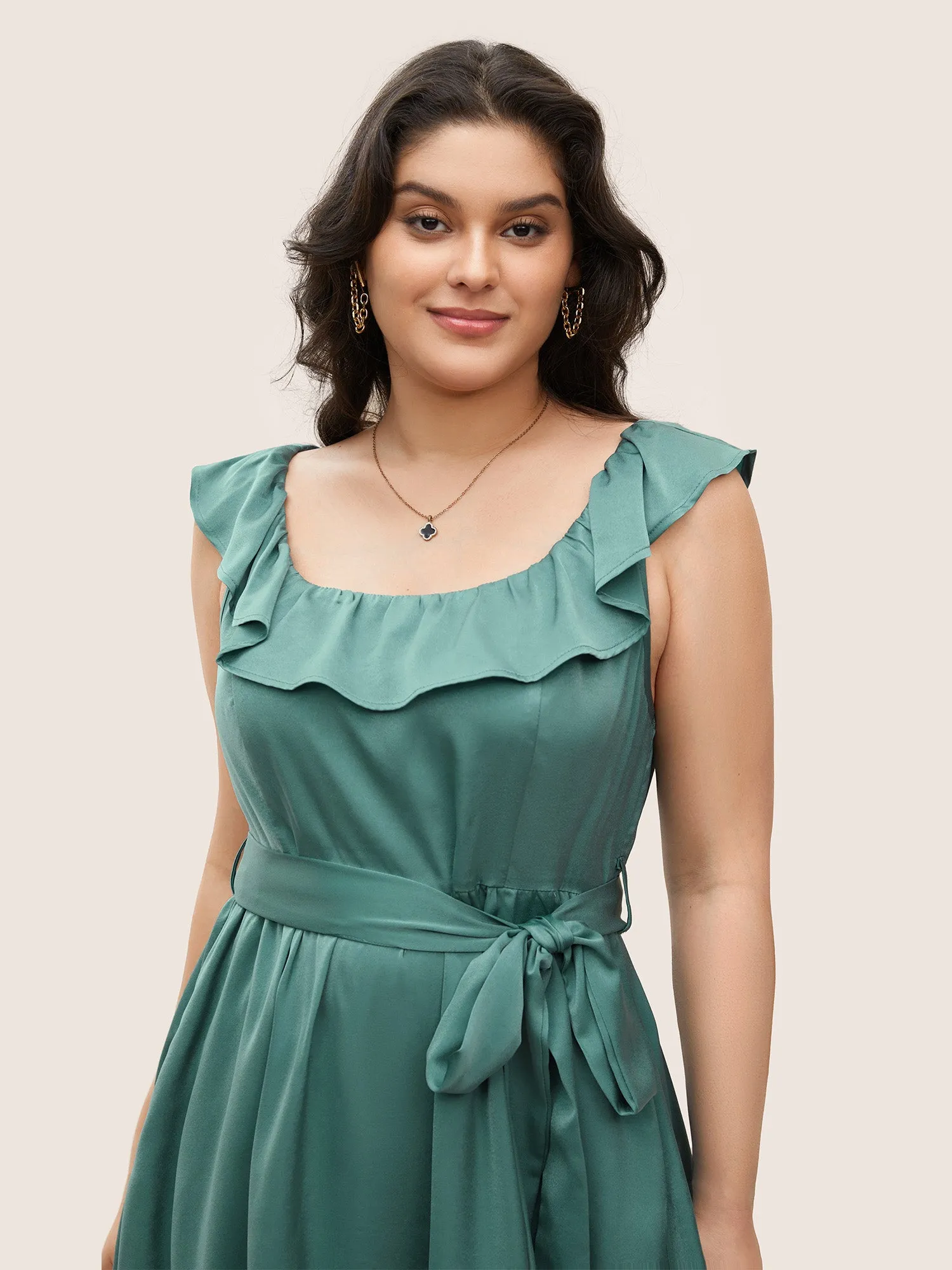 Square Neck Plain Ruffles Gathered Belted Dress sold by Bloomchic product image thumbnail 4