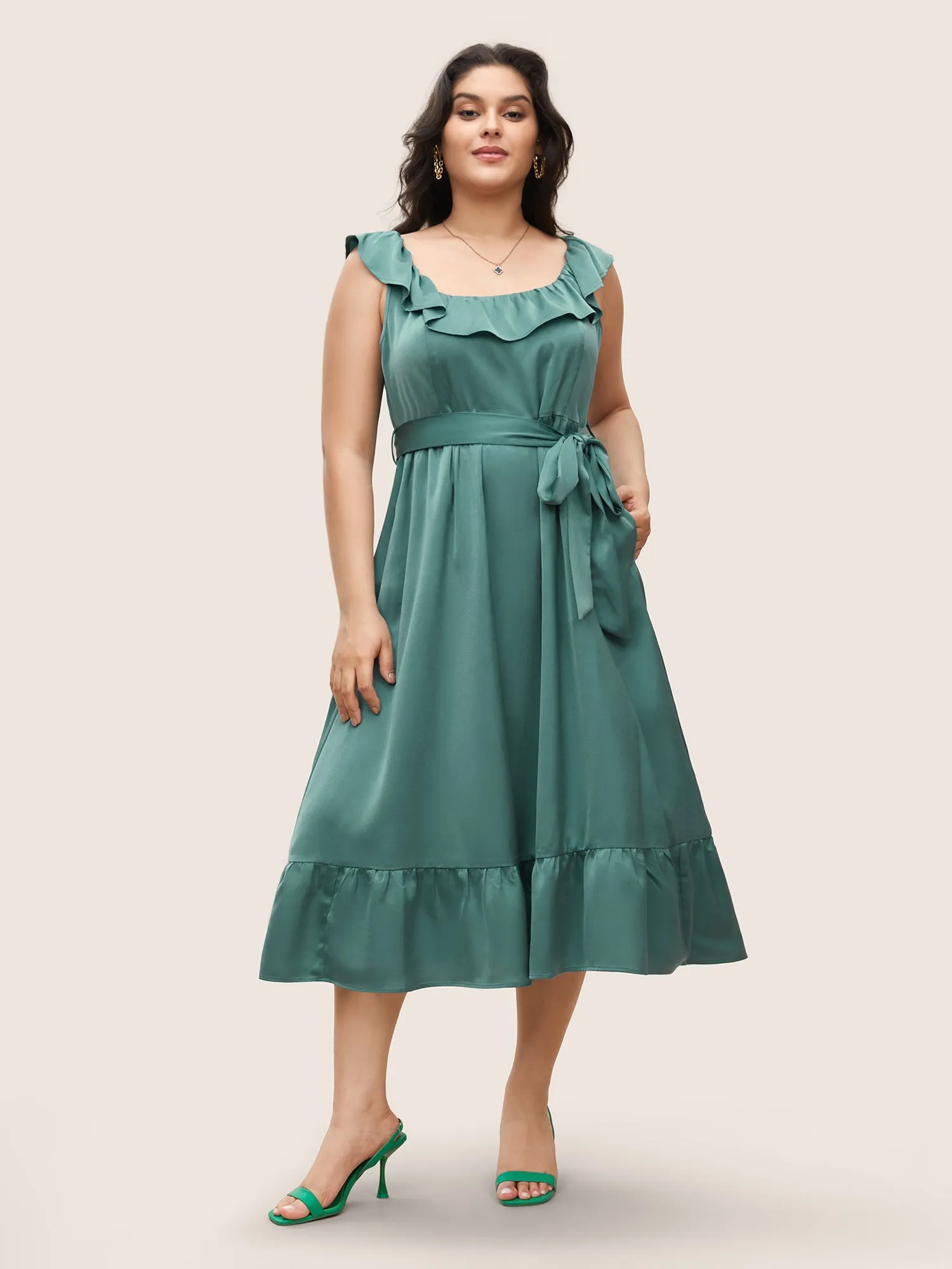 Square Neck Plain Ruffles Gathered Belted Dress sold by Bloomchic product image thumbnail 2