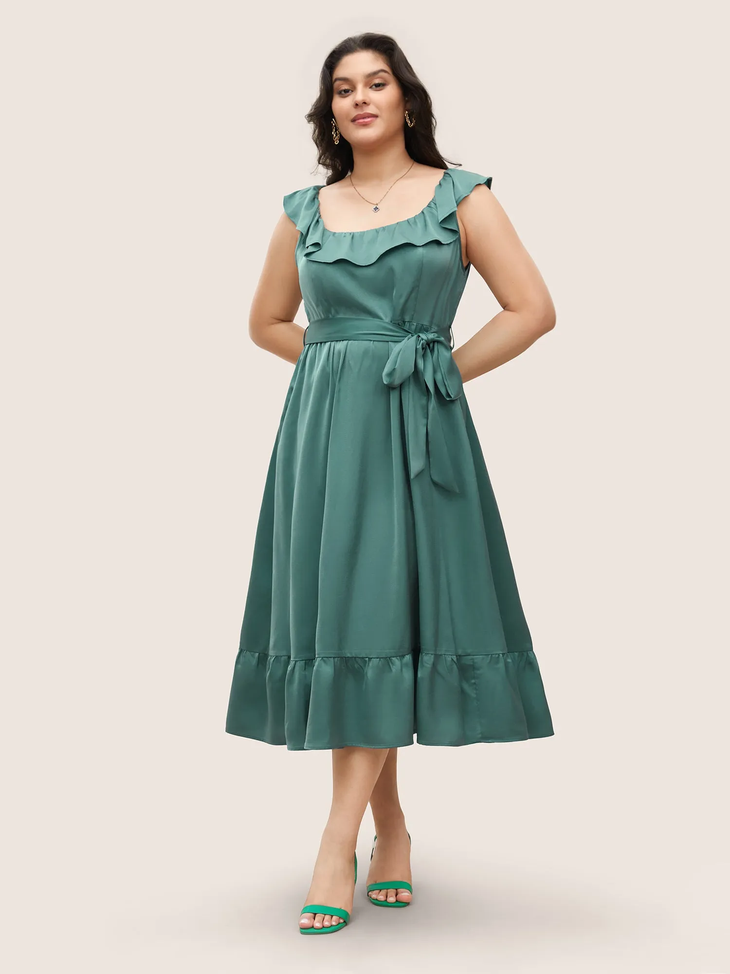 Square Neck Plain Ruffles Gathered Belted Dress sold by Bloomchic