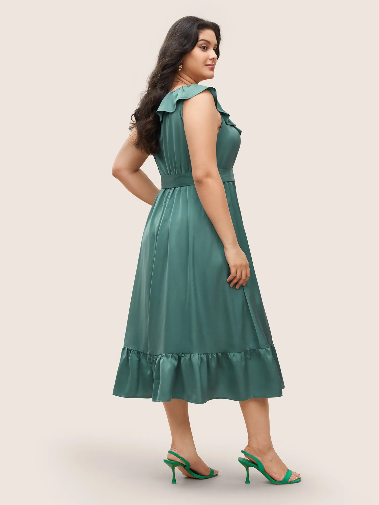 Square Neck Plain Ruffles Gathered Belted Dress sold by Bloomchic product image thumbnail 3