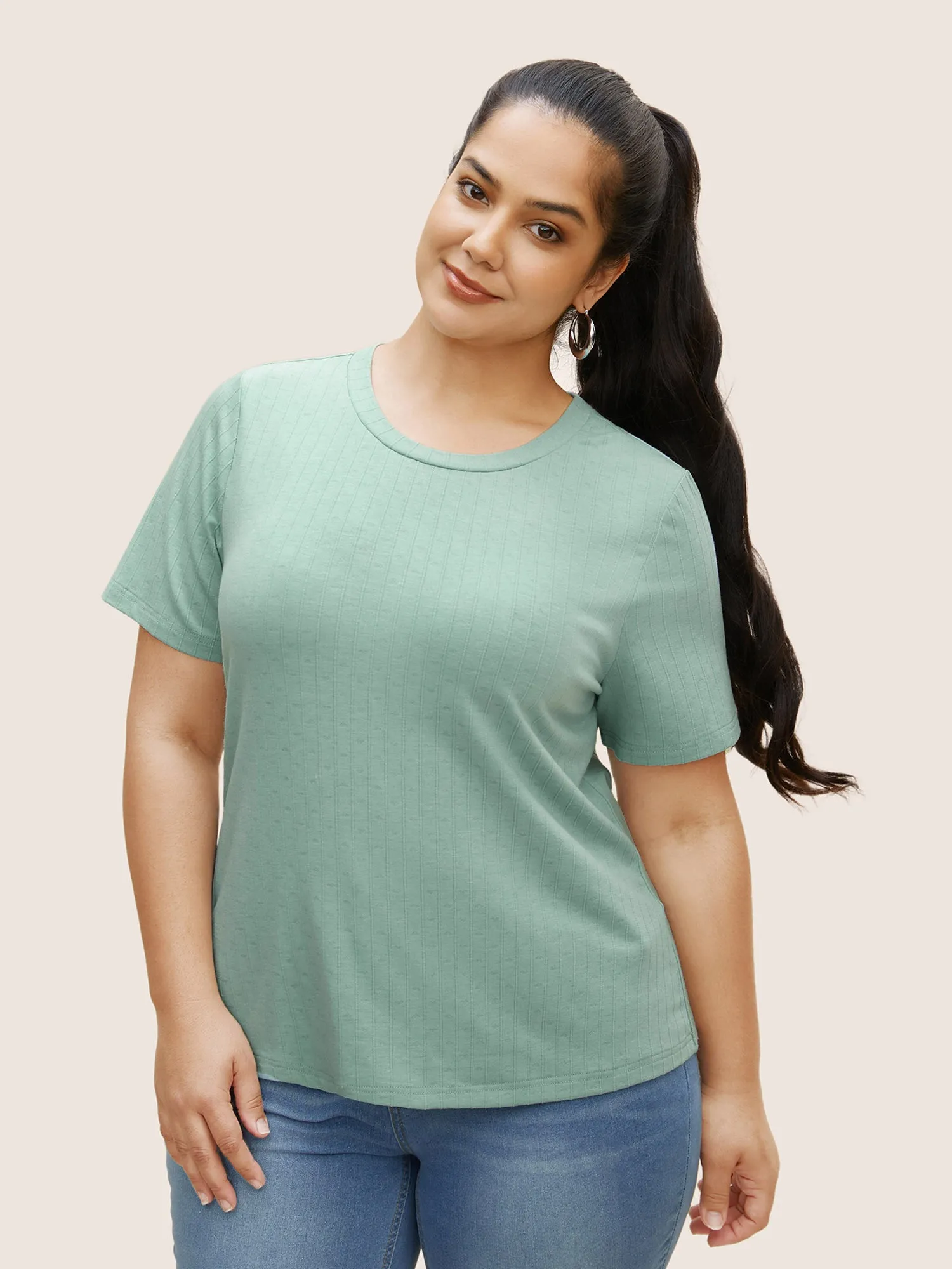 Crew Neck Plain Textured Pit Strip T-shirt sold by Bloomchic