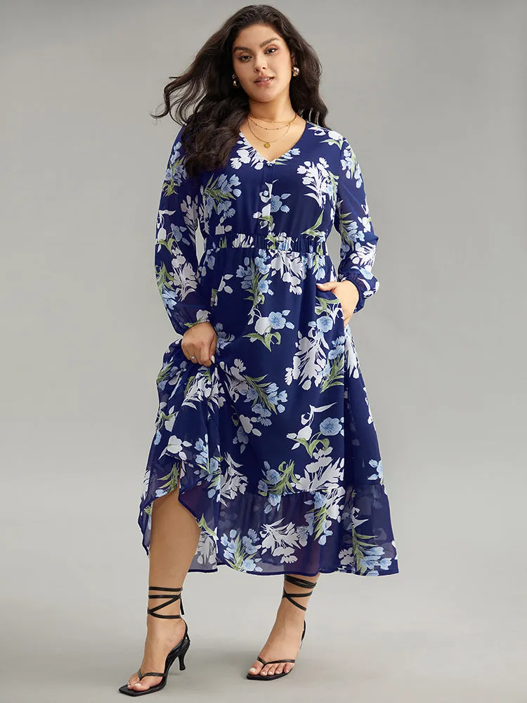 Floral Print Chiffon Pocket Elastic Waist Gathered Dress sold by Bloomchic