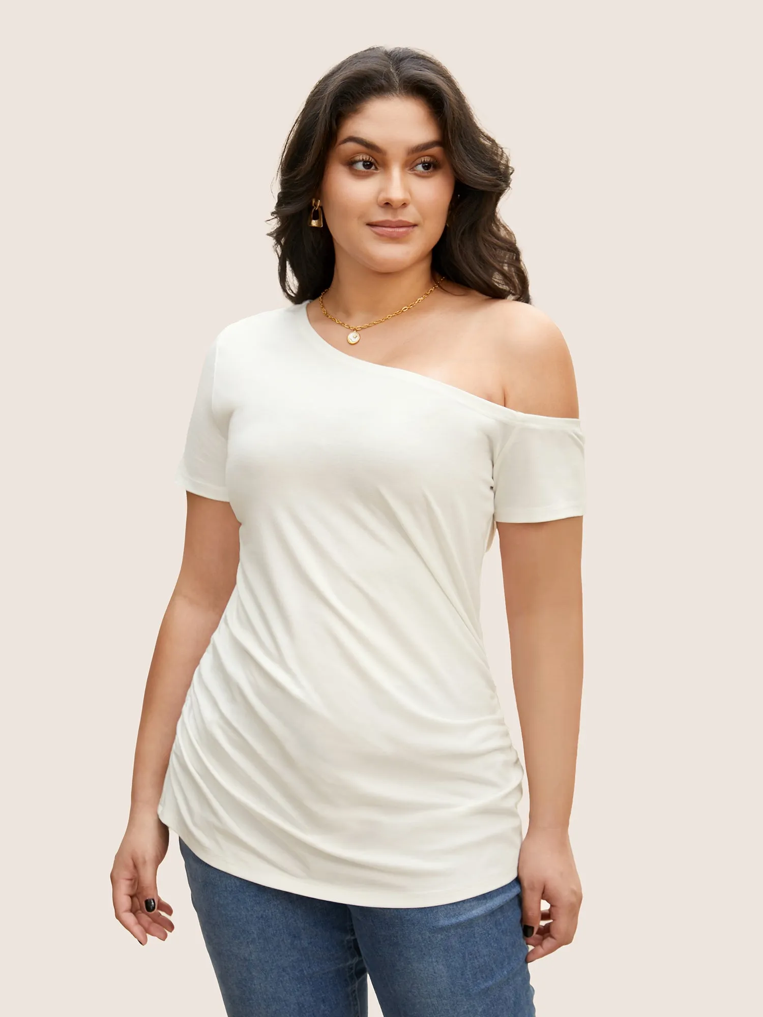 One Shoulder Solid Gathered Knit T-shirt sold by Bloomchic