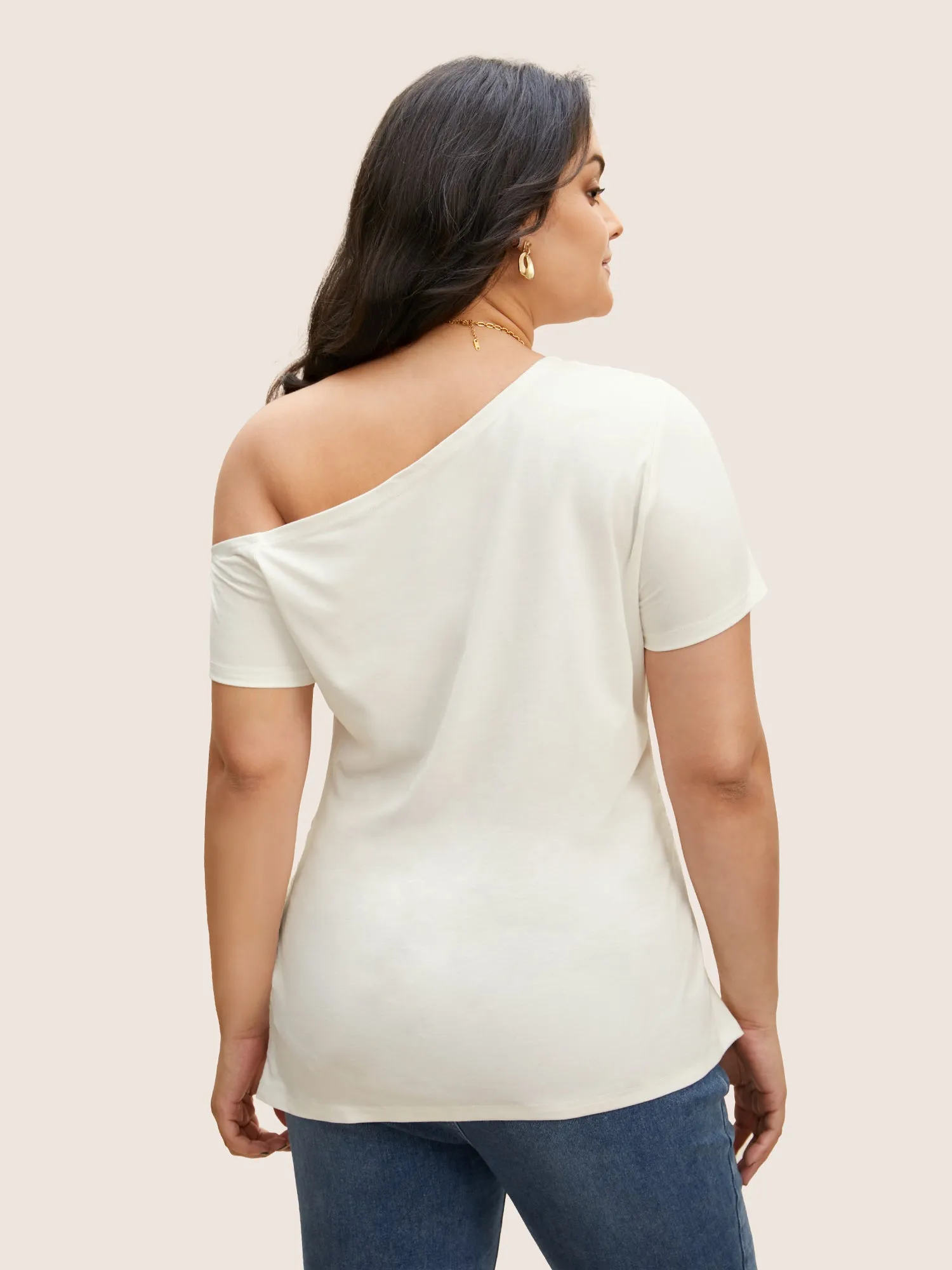 One Shoulder Solid Gathered Knit T-shirt sold by Bloomchic product image thumbnail 2