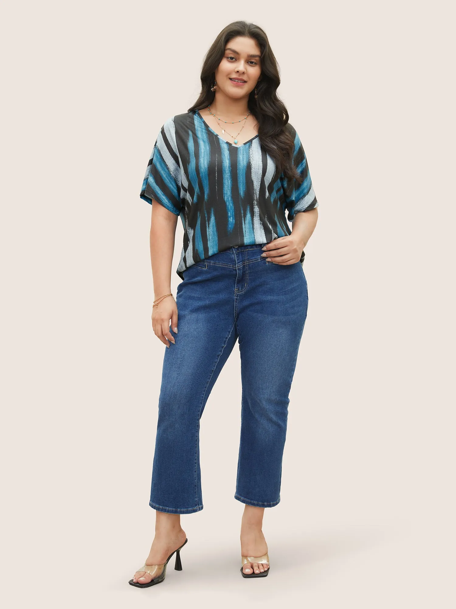 Striped Contrast Dolman Sleeve V Neck T-shirt sold by Bloomchic product image thumbnail 3