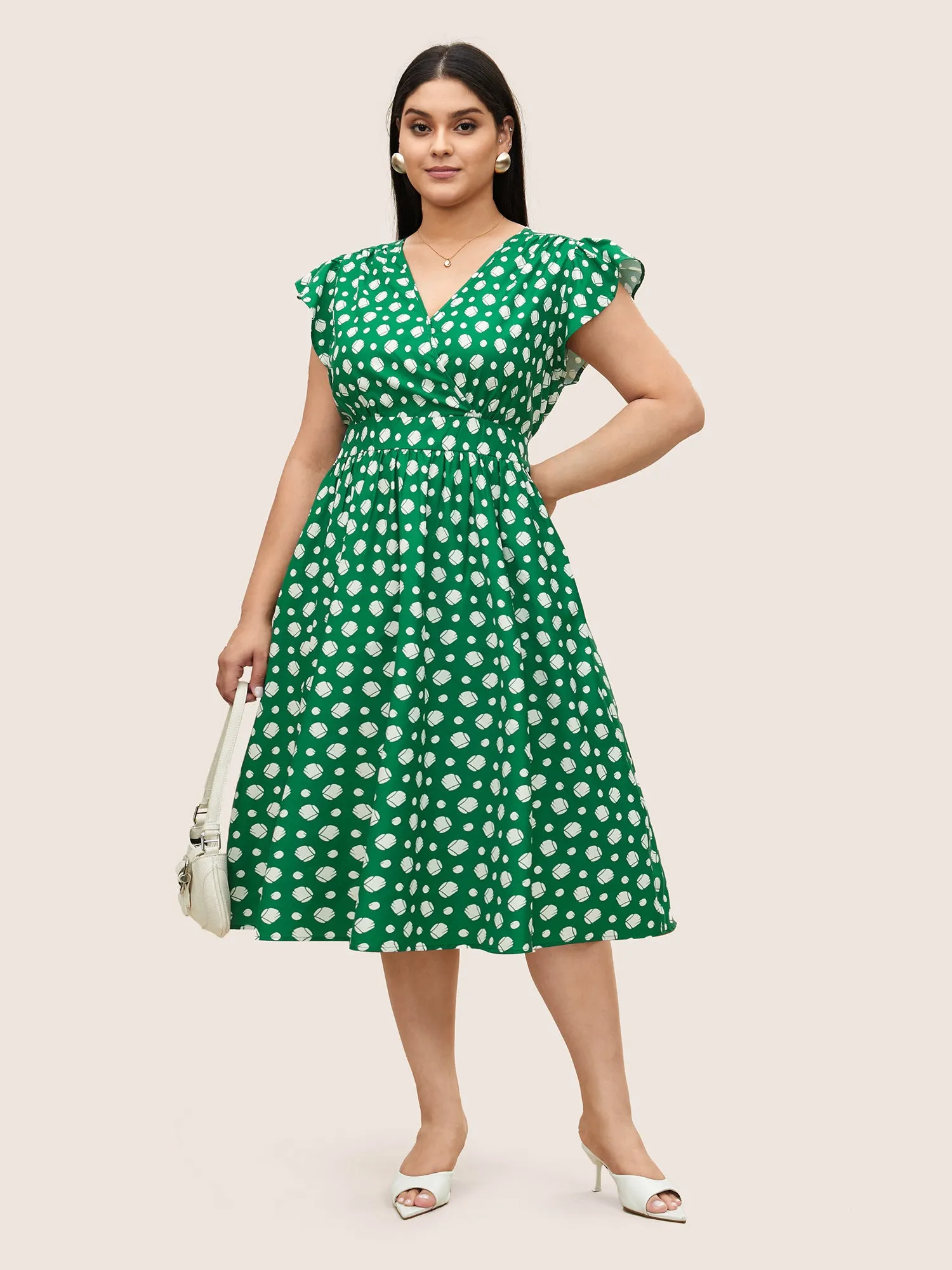 Graphic Wrap Gathered Ruffle Cap Sleeve Dress sold by Bloomchic