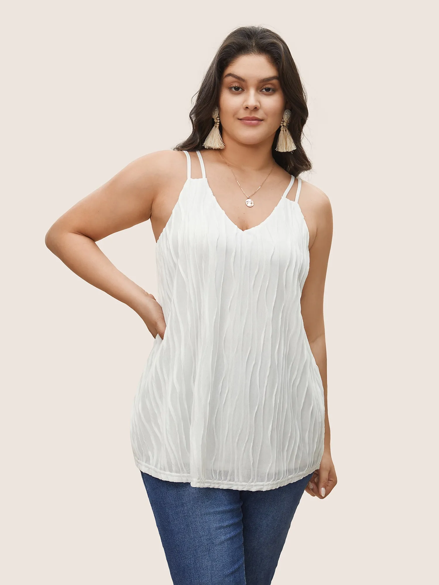 Plain Plisse Deep V Neck Cami Top sold by Bloomchic