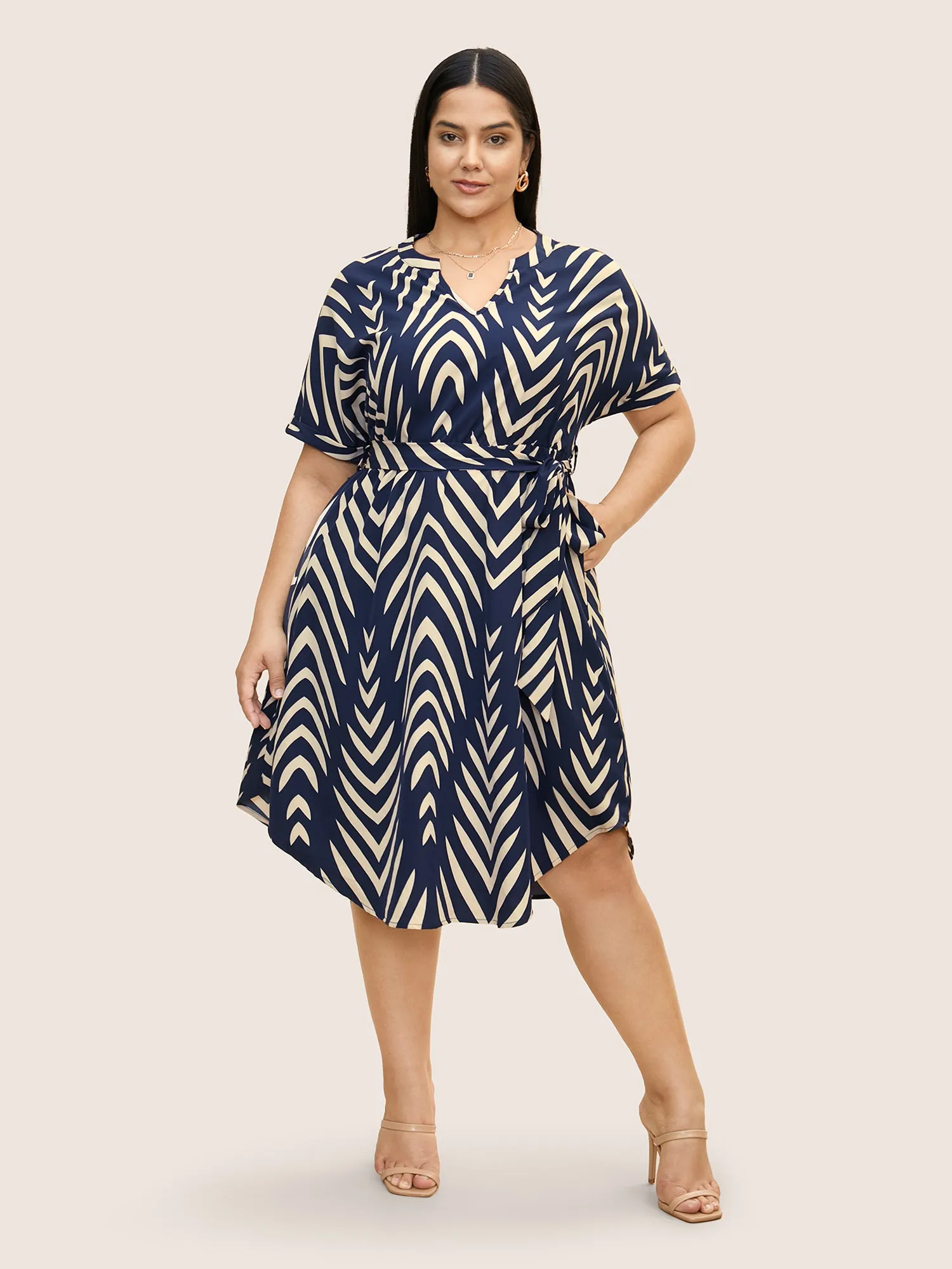 Geometric Belted Dolman Sleeve Curved Hem Dress sold by Bloomchic product image thumbnail 3