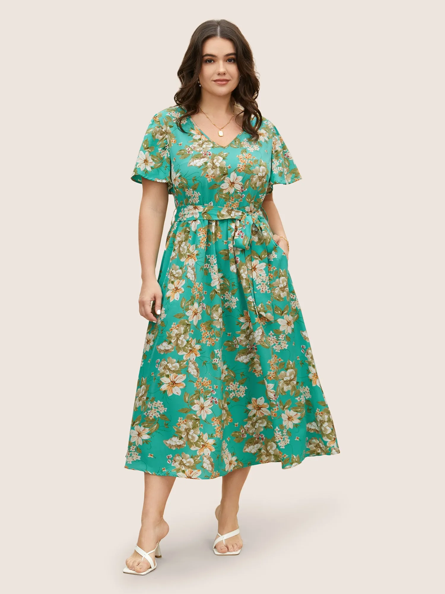 V Neck Floral Belt Flutter Sleeve Dress sold by Bloomchic